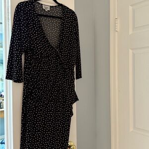 Leota Black and Pink Polka Dot XL Stretchy Faux Wrap Dress